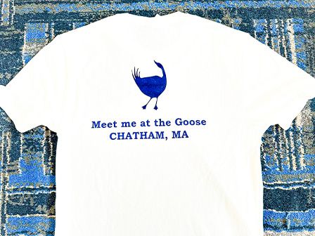 A white T-shirt with a blue goose graphic and the text 